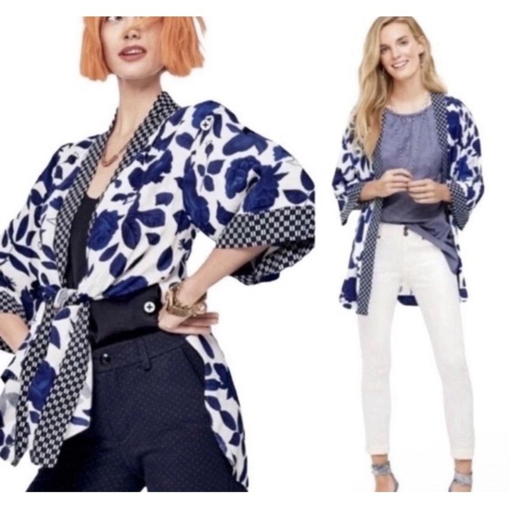 CAbi Floral Botanical Kimono Jacket Sz XS/S White and Blue 3/4 Sleeve Open Front